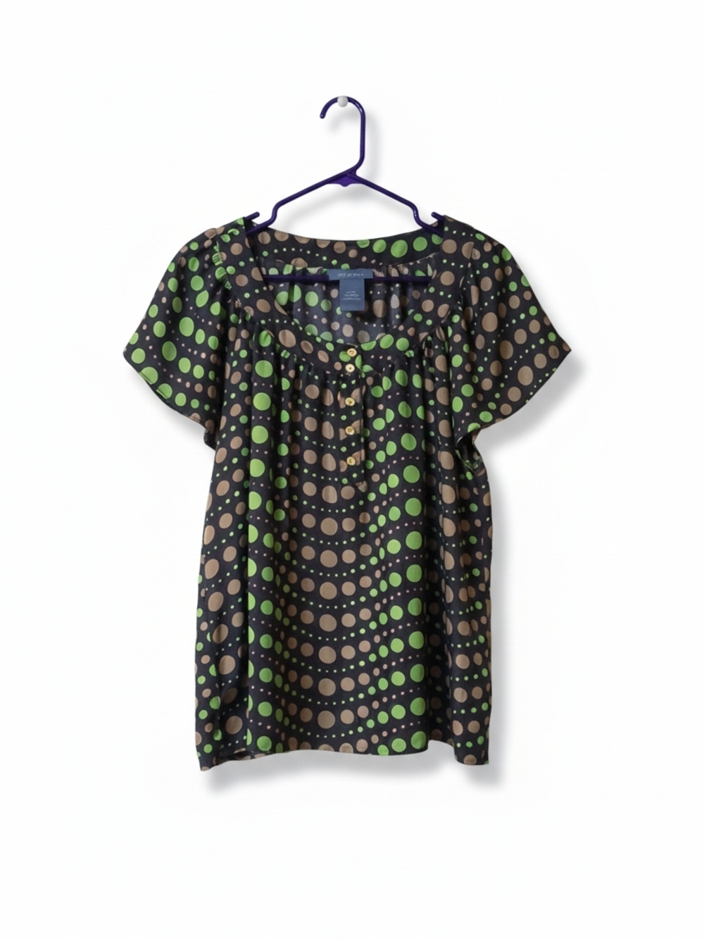 Kenar Dark Brown Short-Sleeve Scoop Neck Top with Bold Polka Dot Pattern
